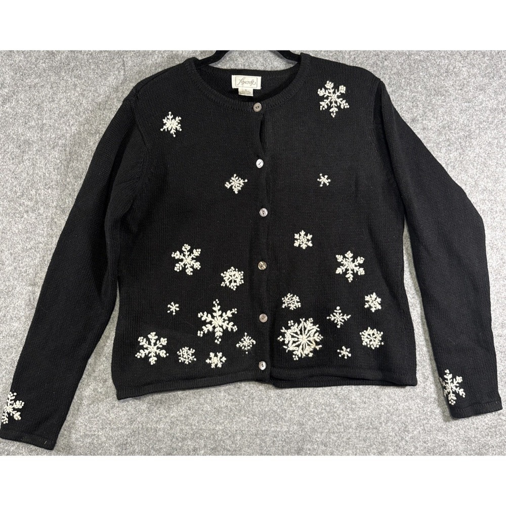 Foxcroft Cardigan Sweater Womens Medium Black Snowflake Embroidered Ramie Cotton